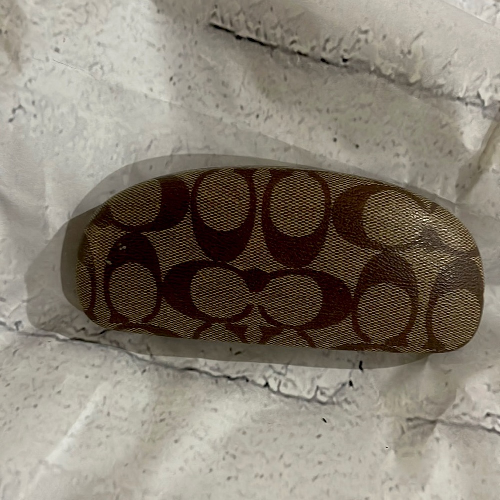 Coach Eyeglass Case Classic Logo Monogram Tan Brown Hard Clamshell Lined 6.5"